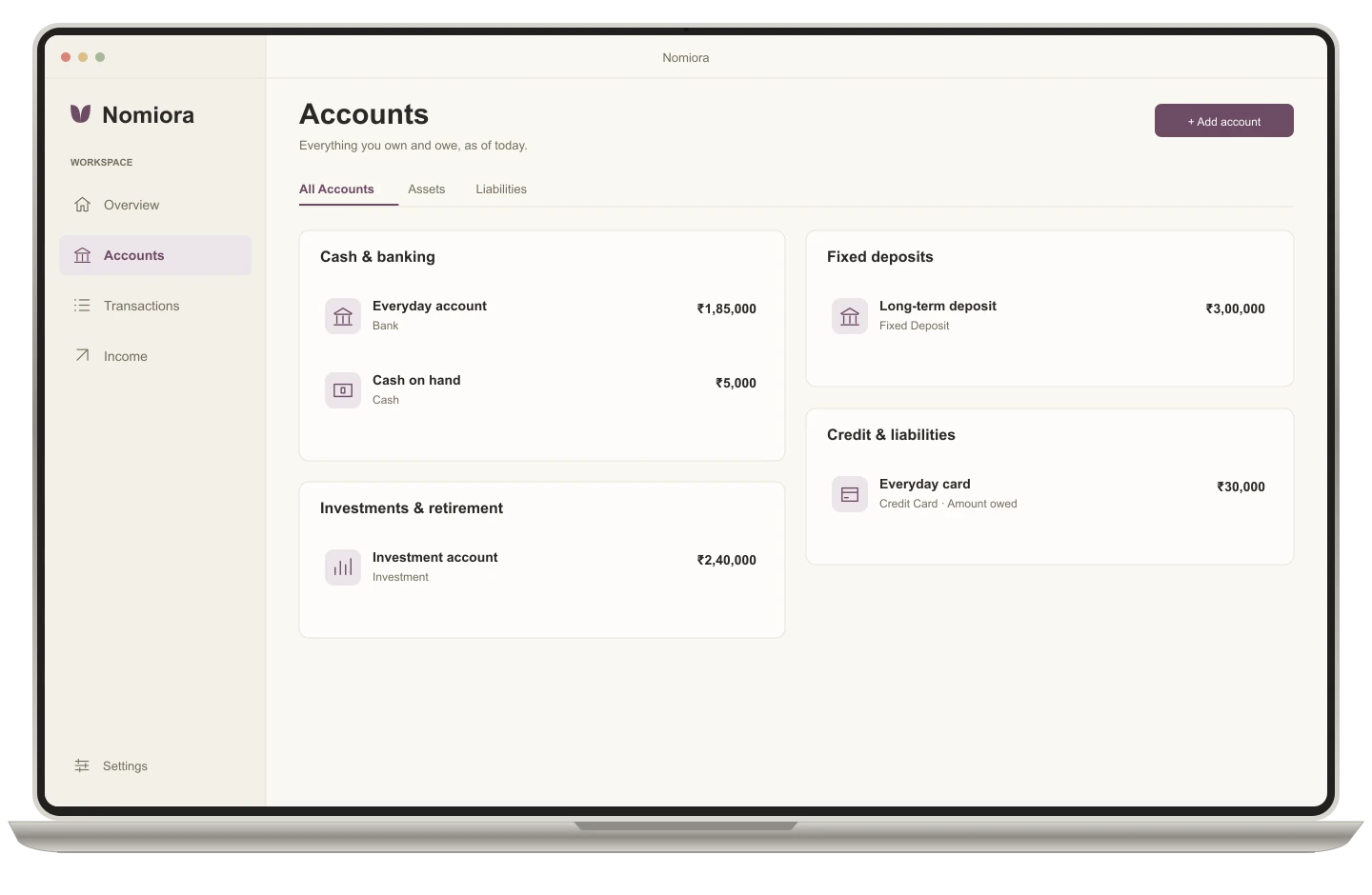 Reconstructed Mac Accounts showing fictional balances grouped by account type.