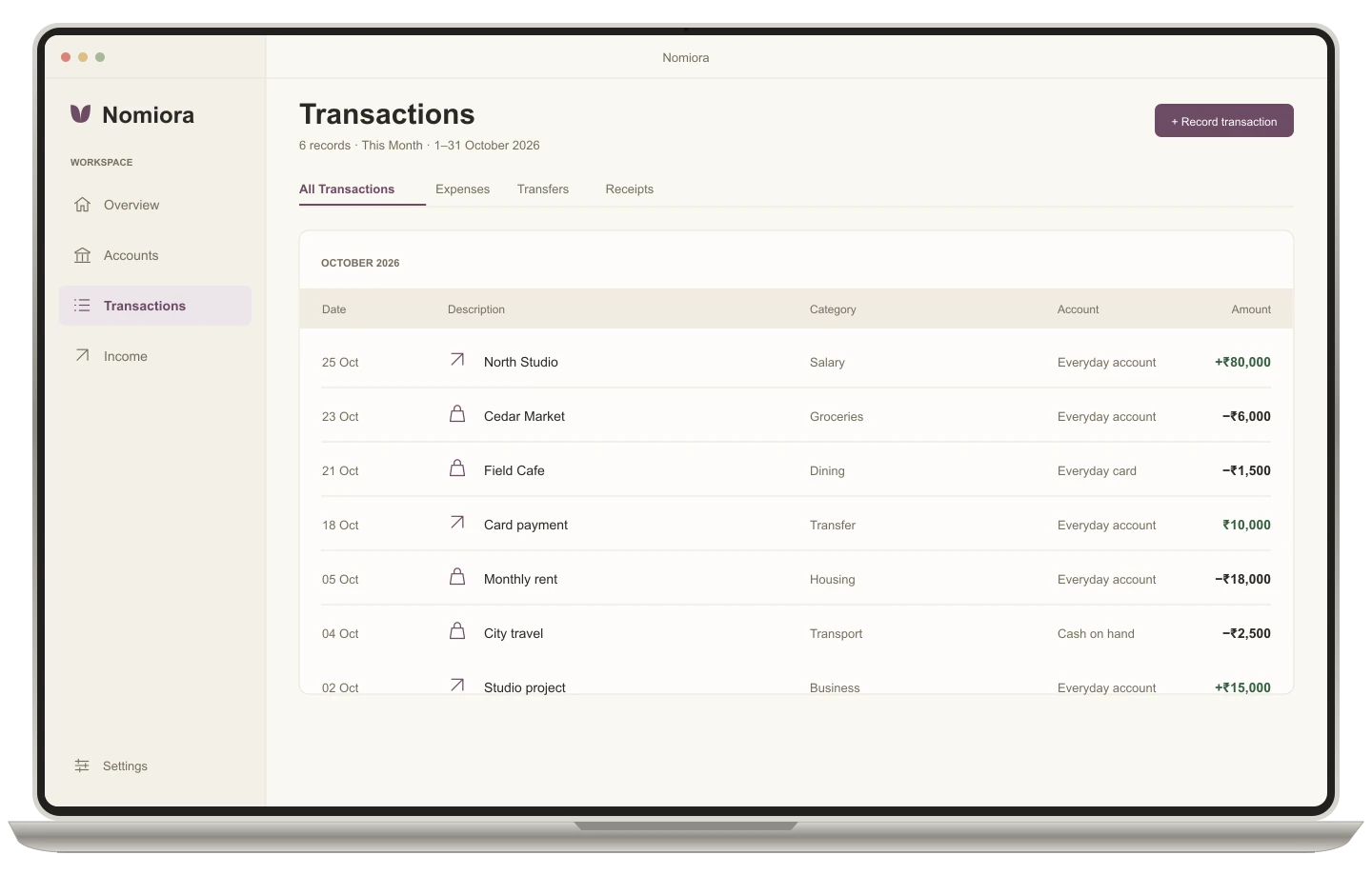 Reconstructed Mac transaction ledger with fictional merchants and financial records.